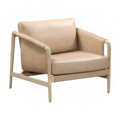 Genuine Leather Accent Chair with Feather-Fill and Rubberwood Legs, Tan,White