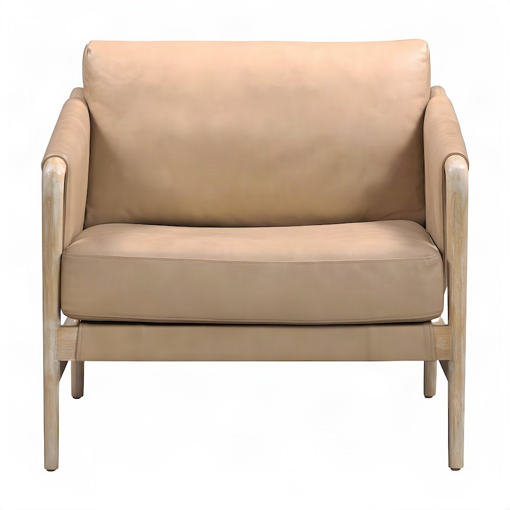 Genuine Leather Accent Chair with Feather-Fill and Rubberwood Legs, Tan,White