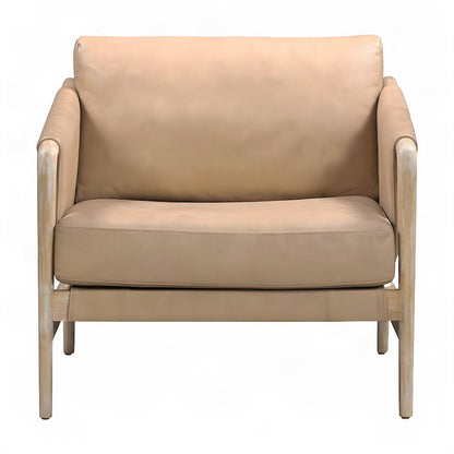 Genuine Leather Accent Chair with Feather-Fill and Rubberwood Legs, Tan,White