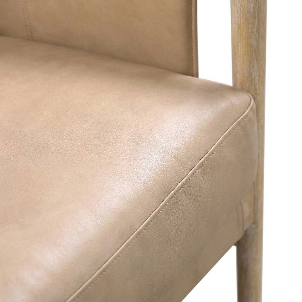 Genuine Leather Accent Chair with Feather-Fill and Rubberwood Legs, Tan,White