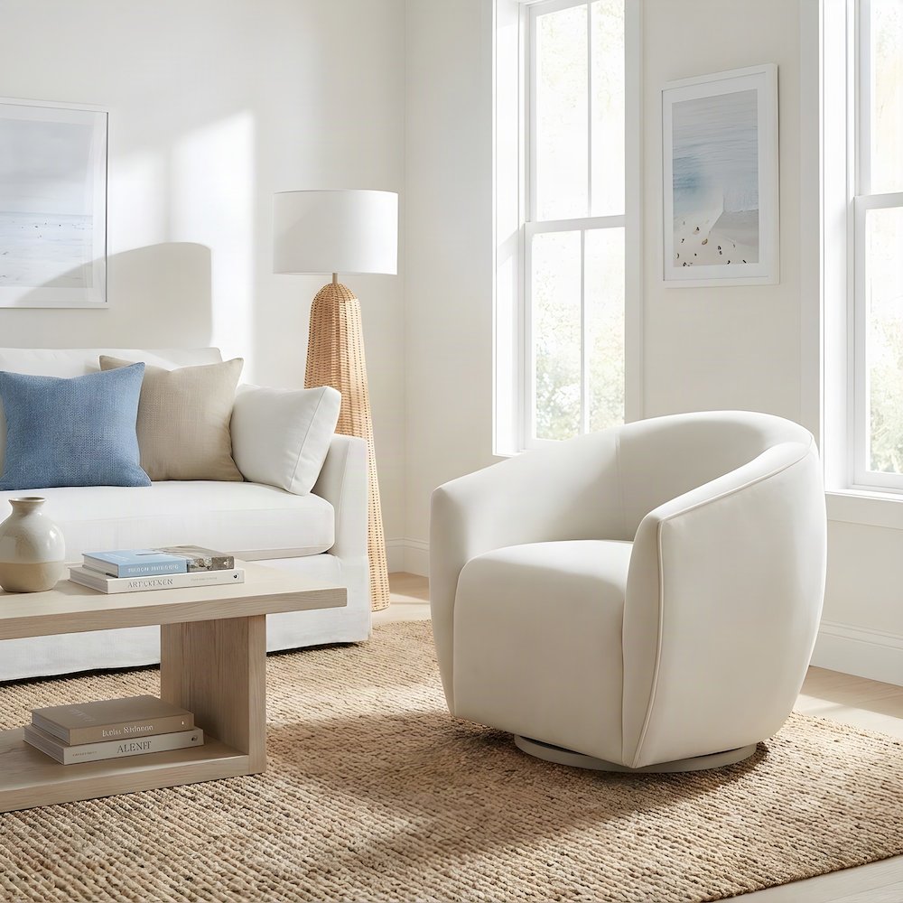 Jordan Velvet Swivel Accent Chair with Fiber-Wrapped Foam Cushion Seat, Cream