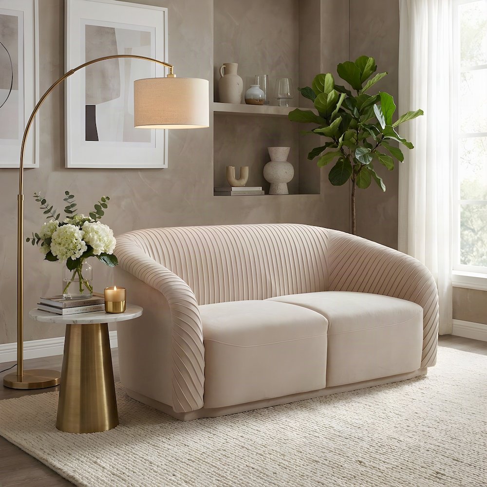 Yara Pine-Framed Pleated Velvet Loveseat Sofa, Small Love Seat Couch