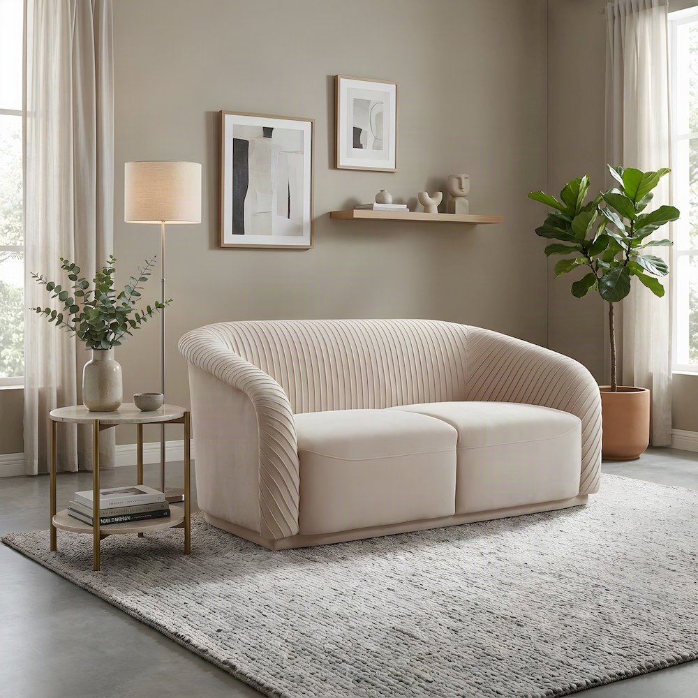 Yara Pine-Framed Pleated Velvet Loveseat Sofa, Small Love Seat Couch