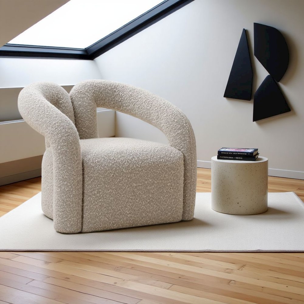 Gray Boucle Accent Chair With Sculptural Arms And Postmodern Silhouette