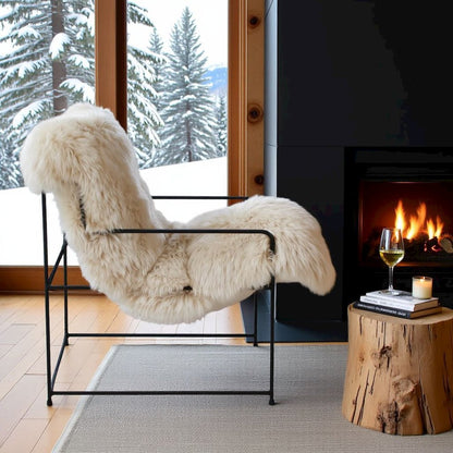 Beige Sheepskin Arm Chair With Black Iron Frame For Living Room Comfort