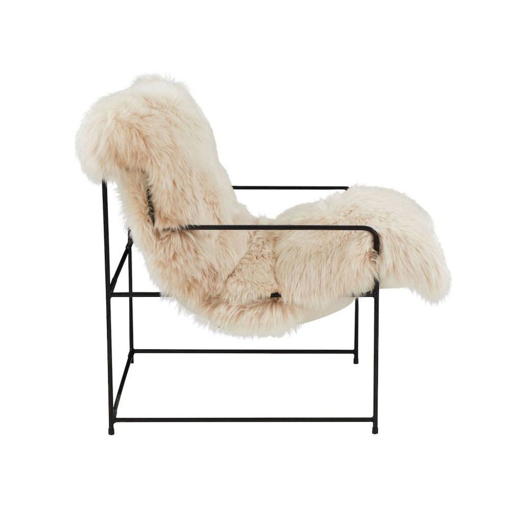 Beige Sheepskin Arm Chair With Black Iron Frame For Living Room Comfort