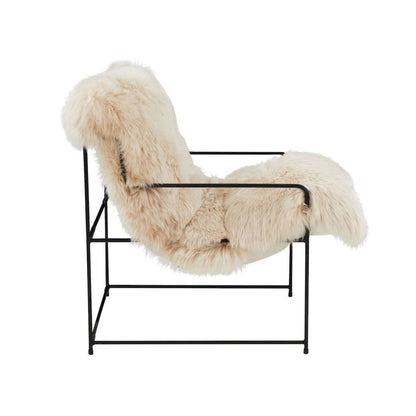 Beige Sheepskin Arm Chair With Black Iron Frame For Living Room Comfort