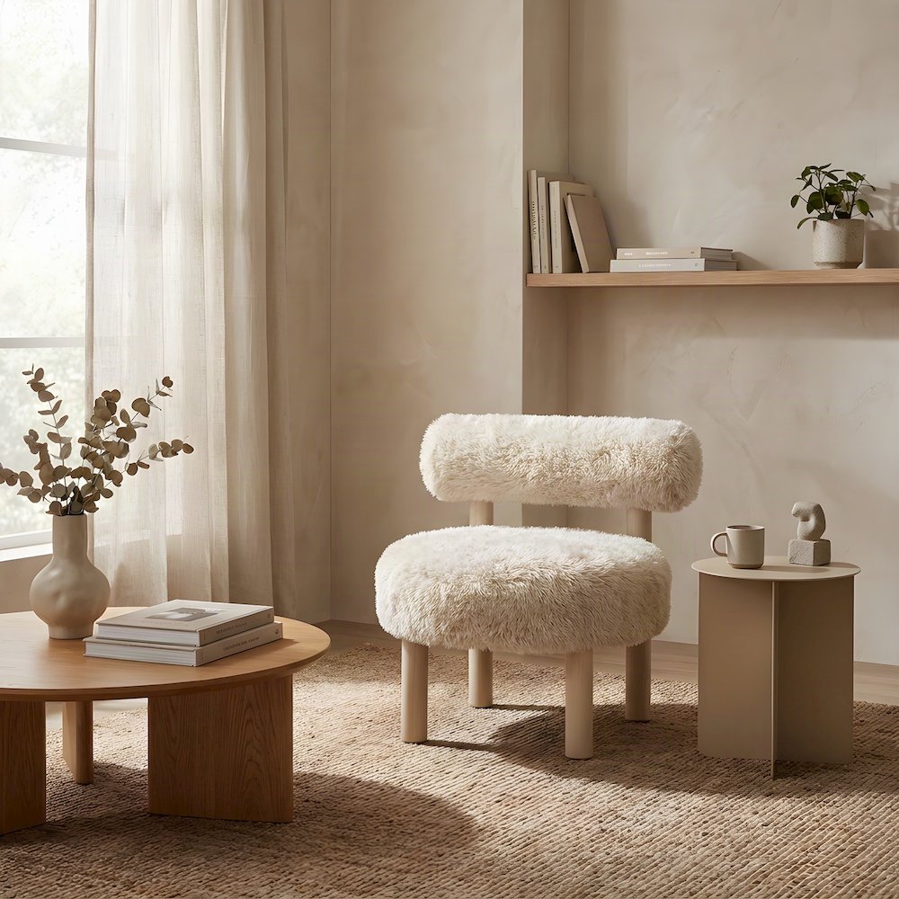 Faux Shearling Accent Chair with Rubberwood Legs for Bedroom, Natural