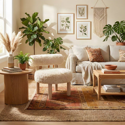 Faux Shearling Accent Chair with Rubberwood Legs for Bedroom, Natural