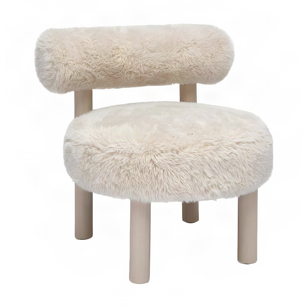 Faux Shearling Accent Chair with Rubberwood Legs for Bedroom, Natural