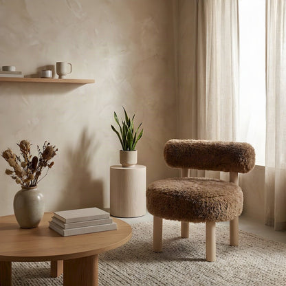 Faux Shearling Accent Chair with Rubberwood Legs for Living Room, Taupe