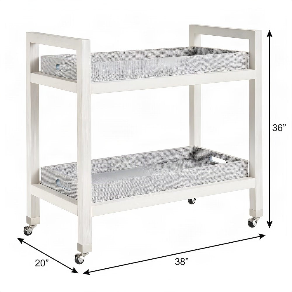 Solid Wood Bar Cart with Removable Seagrass Trays and Swivel Casters