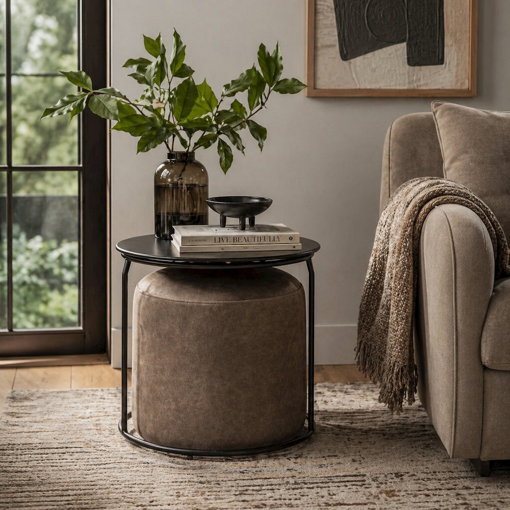 Modern black and grey nesting table and ottoman set with glass and metal accents
