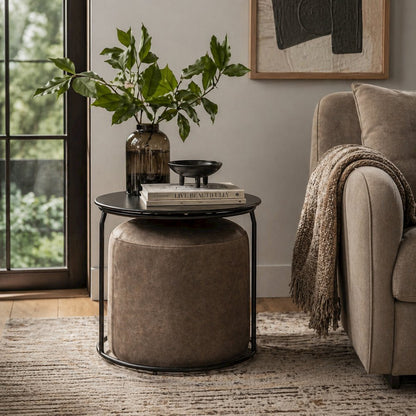 Modern black and grey nesting table and ottoman set with glass and metal accents