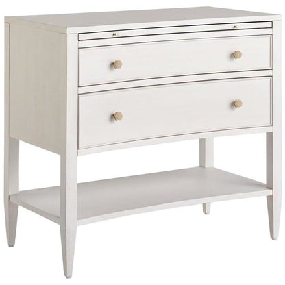 Elegant White Nightstand with Two Drawers and Pull-Out Shelf Design