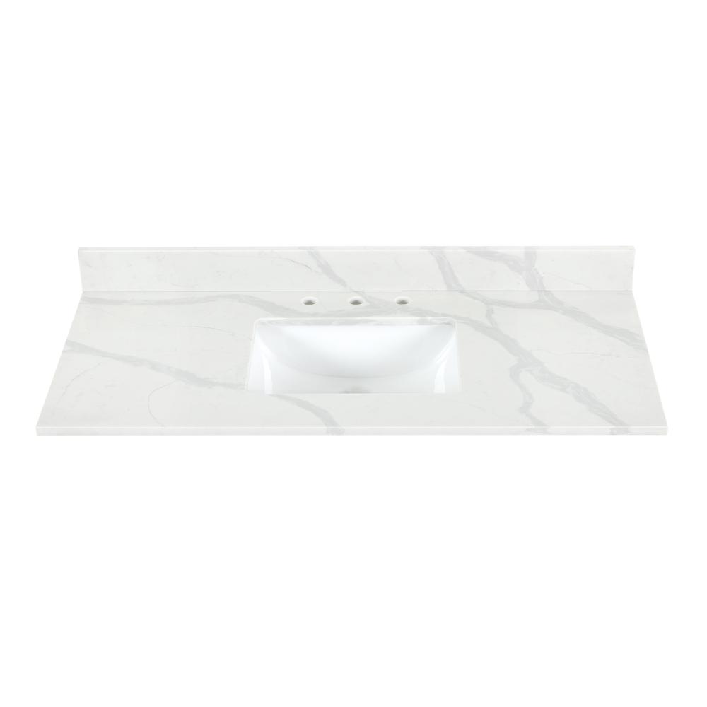Arbios 48. in Quartz Stone Vanity Top in Calacatta White with White Sink