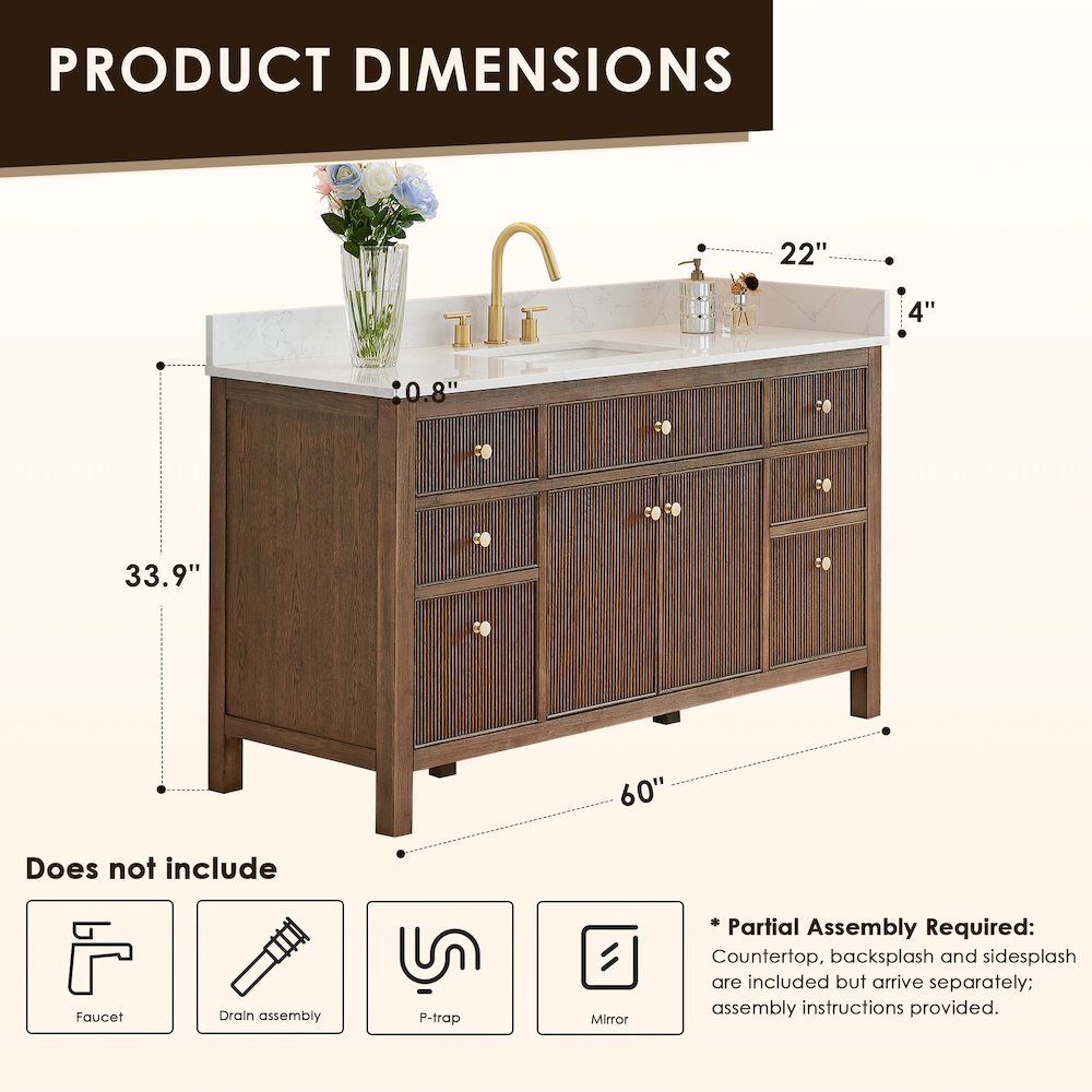 Single Bathroom Vanity in Brown Oak Grain White Engineered Stone Countertop