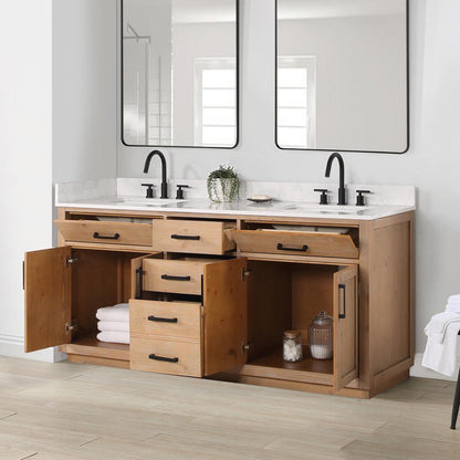 72" Double Bathroom Vanity in Light Brown without Mirror