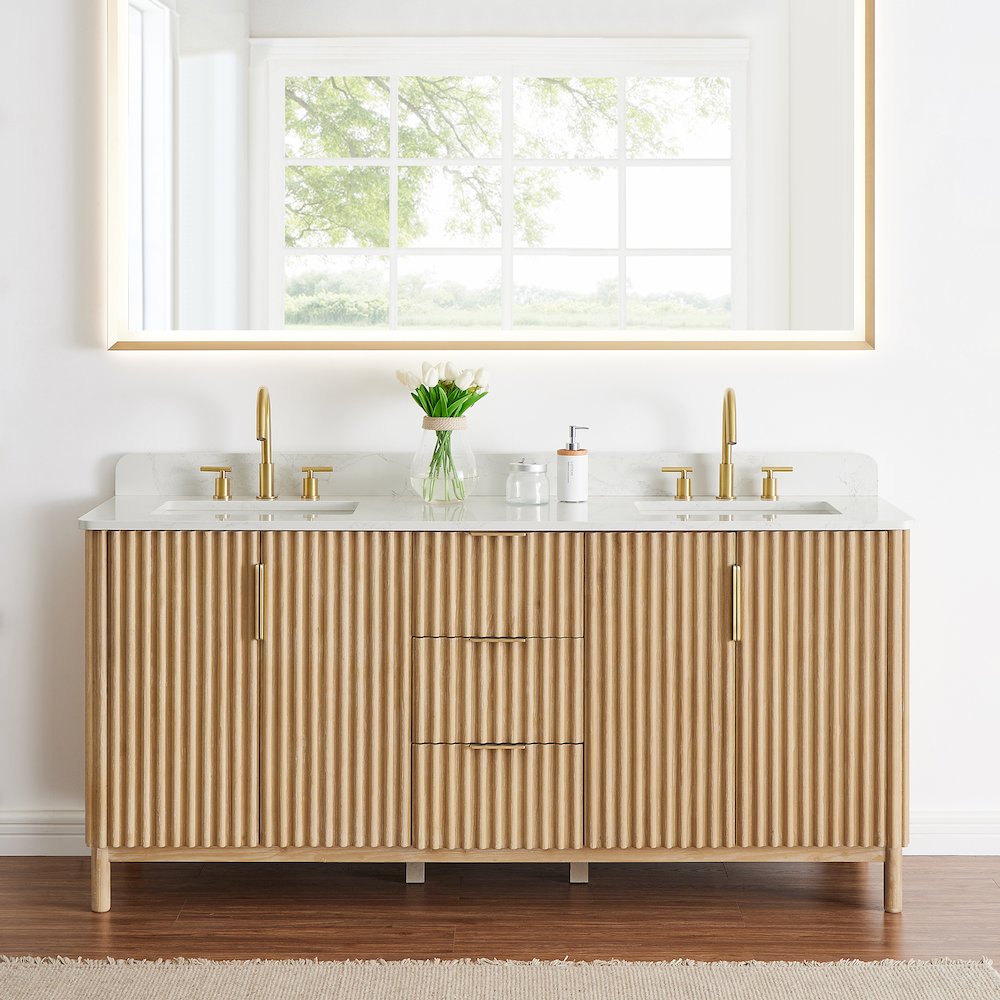 Double Bathroom Vanity in Washing Light Brown Grain White Engineered Stone
