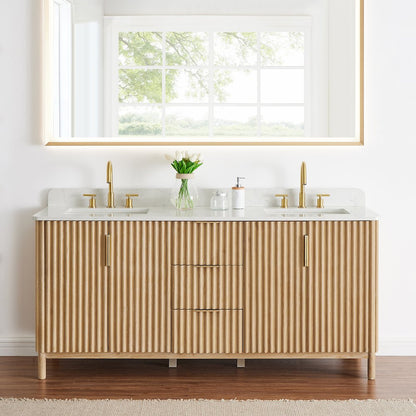 Double Bathroom Vanity in Washing Light Brown Grain White Engineered Stone