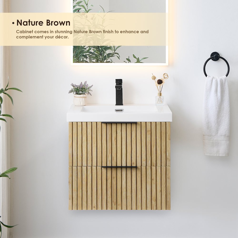 Single Bathroom Vanity in Nature Brown White Artificial Drop-in Sink