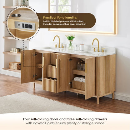 Double Bathroom Vanity in Washing Light Brown Grain White Engineered Stone