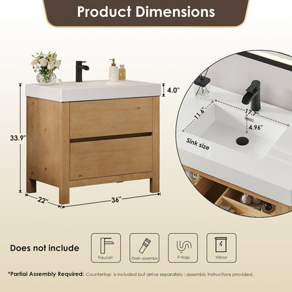 36" Single Bathroom Vanity in with White Artificial Stone Integrated Sink