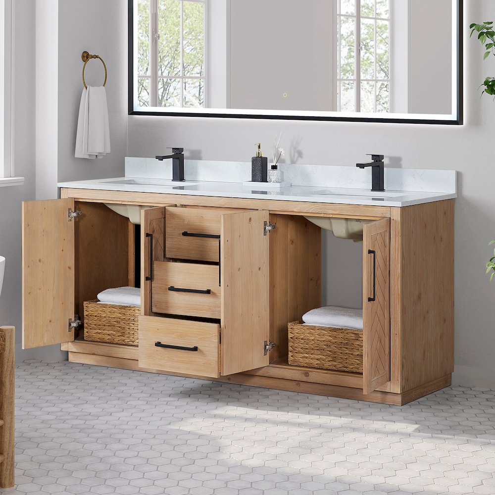 72" Double Bathroom Vanity with Grain White Countertop without Mirror
