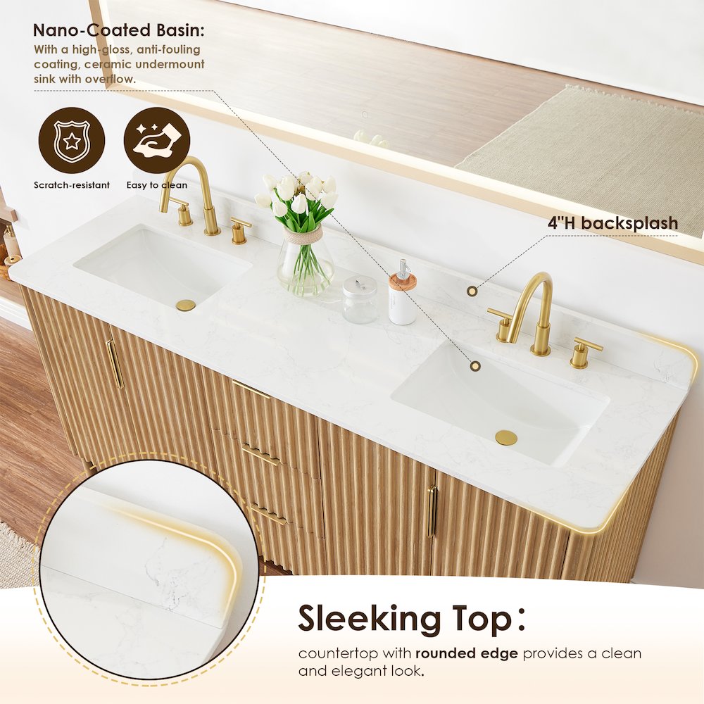 Double Bathroom Vanity in Washing Light Brown Grain White Engineered Stone