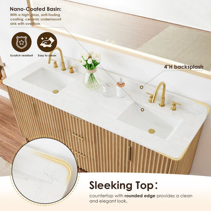 Double Bathroom Vanity in Washing Light Brown Grain White Engineered Stone