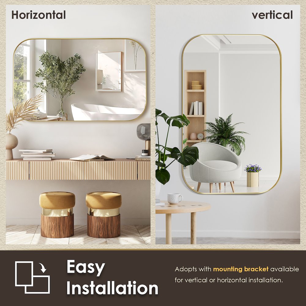 48x30" Rectangular Aluminum Framed in Brushed Gold Modern Bathroom Wall Mirror