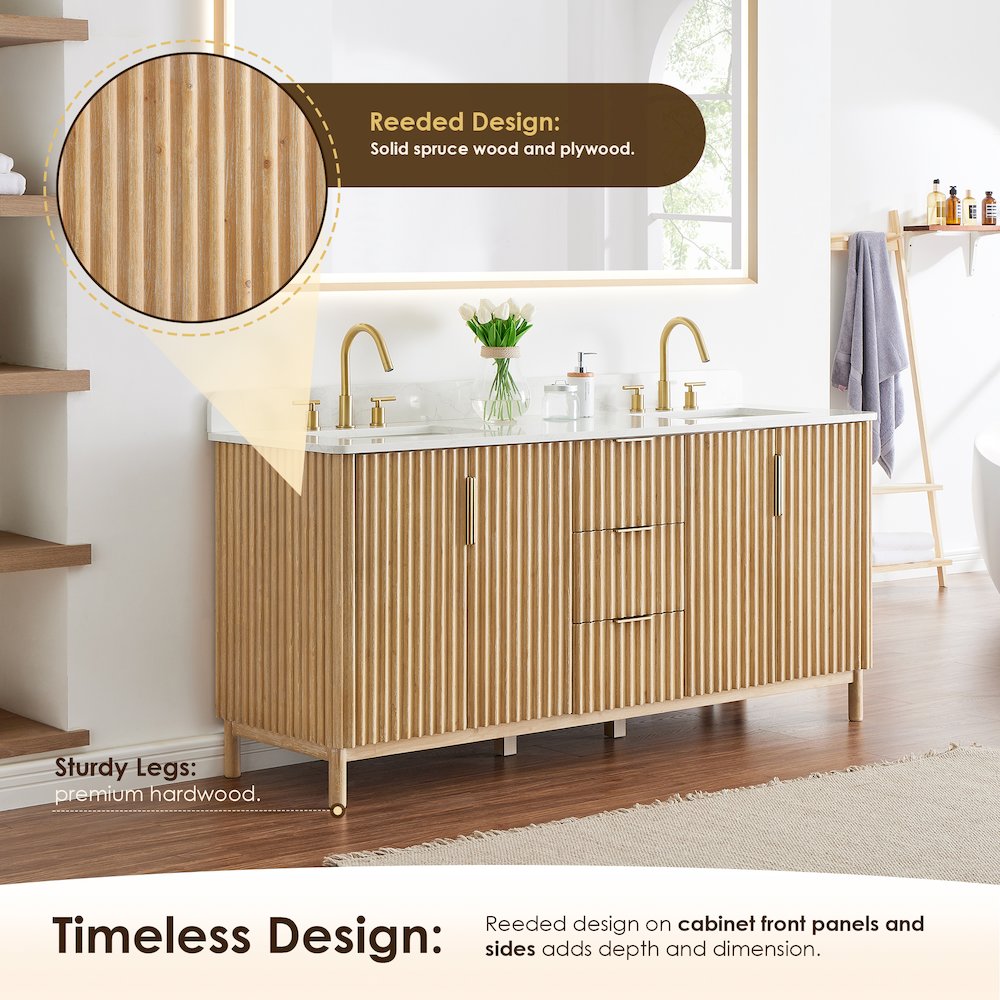 Double Bathroom Vanity in Washing Light Brown Grain White Engineered Stone