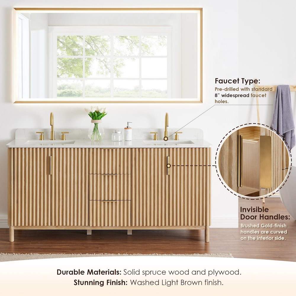 Double Bathroom Vanity in Washing Light Brown Grain White Engineered Stone