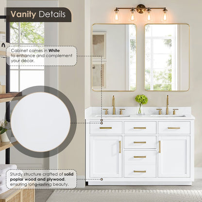 54" Double Bathroom Vanity in White with Grain White