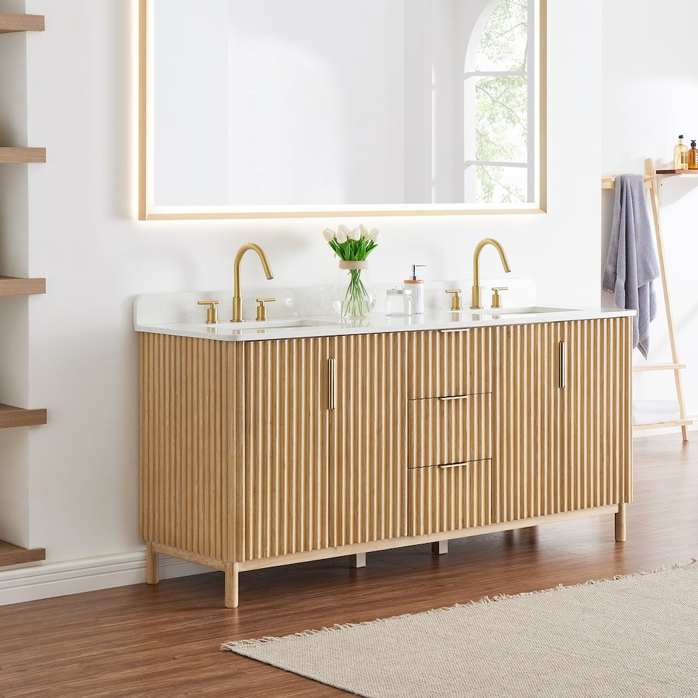Double Bathroom Vanity in Washing Light Brown Grain White Engineered Stone