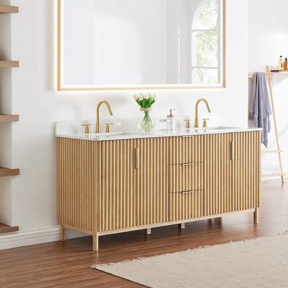 Double Bathroom Vanity in Washing Light Brown Grain White Engineered Stone