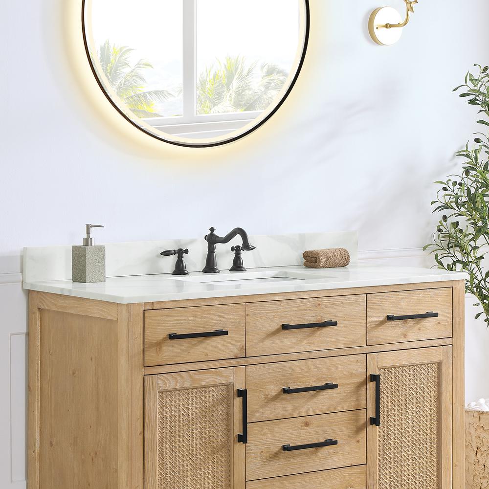 Arbios 48. in Quartz Stone Vanity Top in Calacatta White with White Sink