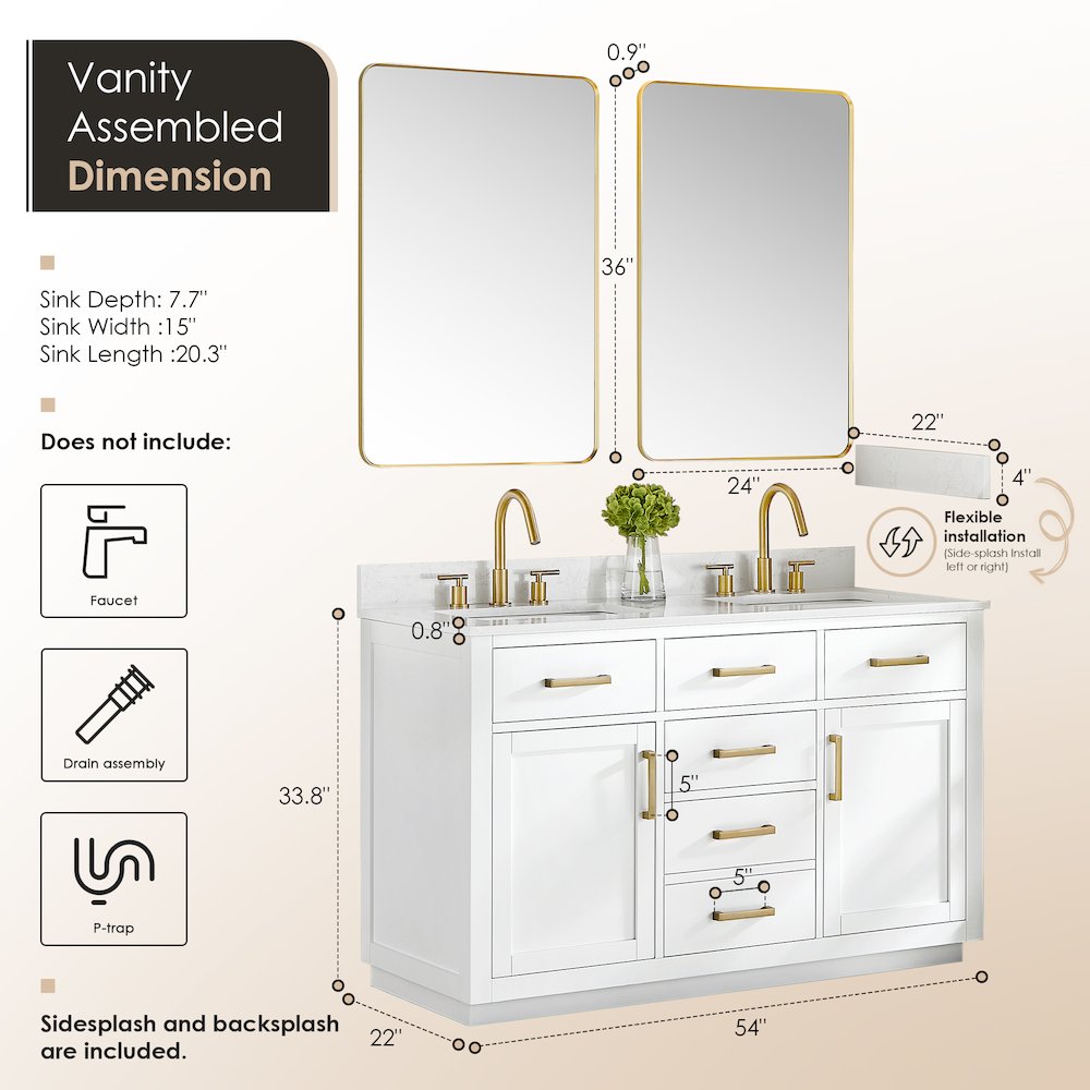 54" Double Bathroom Vanity in White with Grain White
