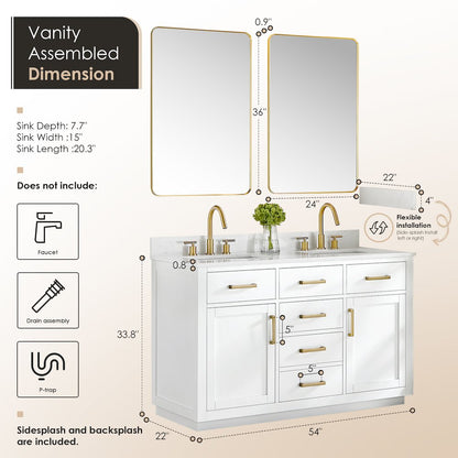 54" Double Bathroom Vanity in White with Grain White