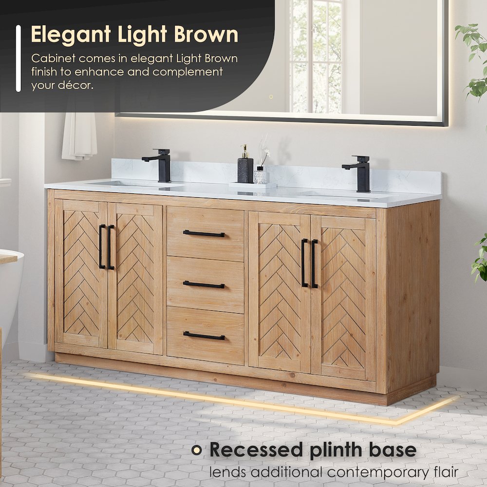 72" Double Bathroom Vanity with Grain White Countertop without Mirror