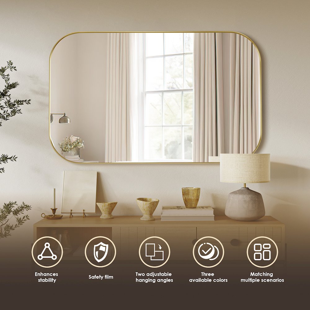 48x30" Rectangular Aluminum Framed in Brushed Gold Modern Bathroom Wall Mirror