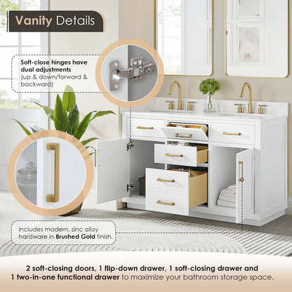 54" Double Bathroom Vanity in White with Grain White