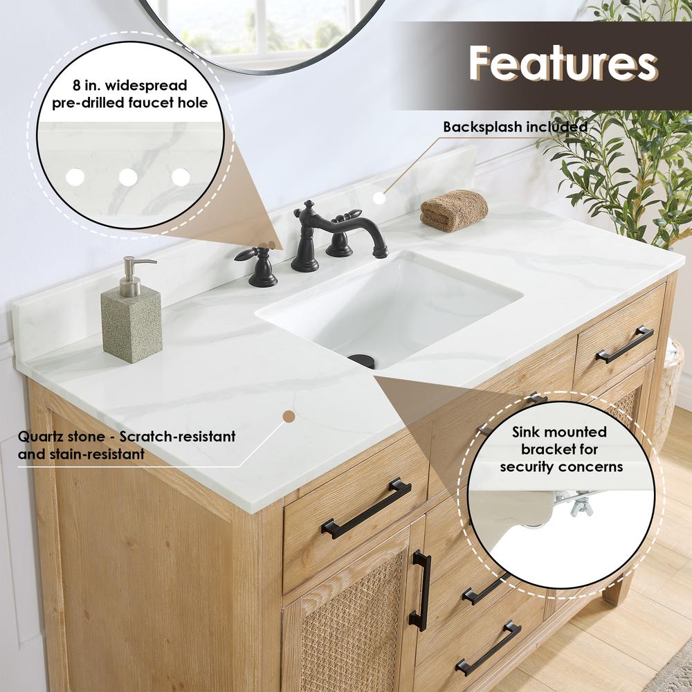 Arbios 48. in Quartz Stone Vanity Top in Calacatta White with White Sink