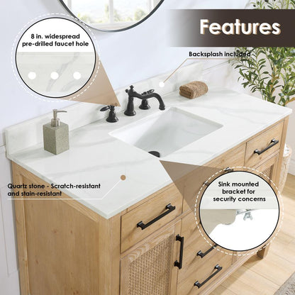 Arbios 48. in Quartz Stone Vanity Top in Calacatta White with White Sink