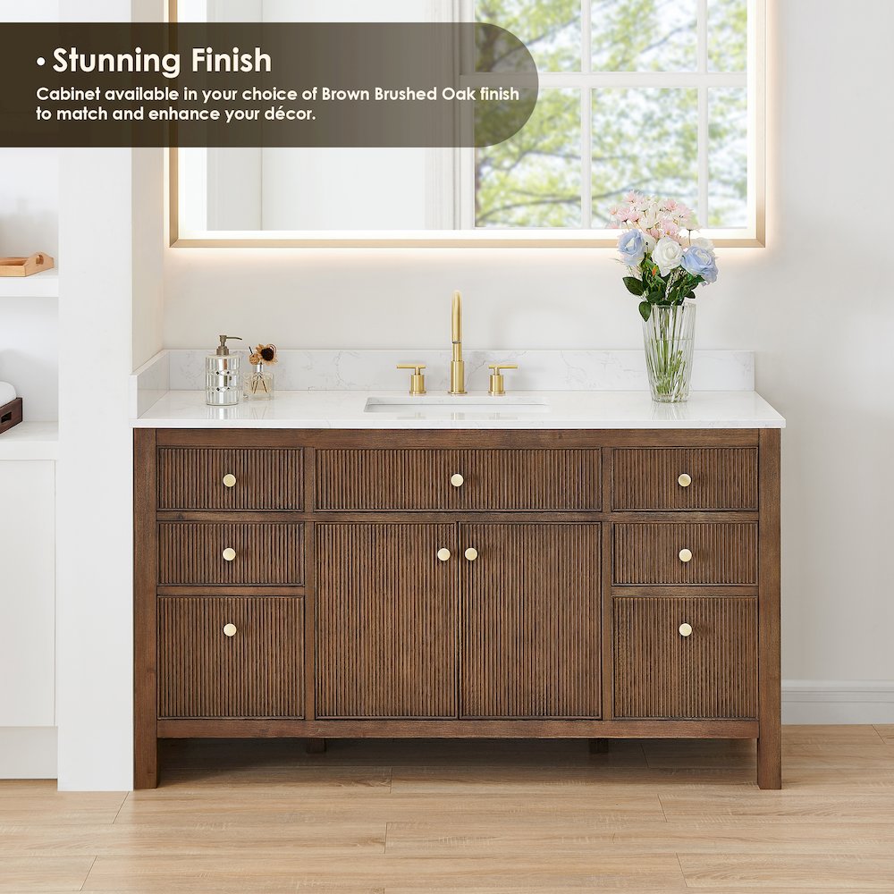 Single Bathroom Vanity in Brown Oak Grain White Engineered Stone Countertop