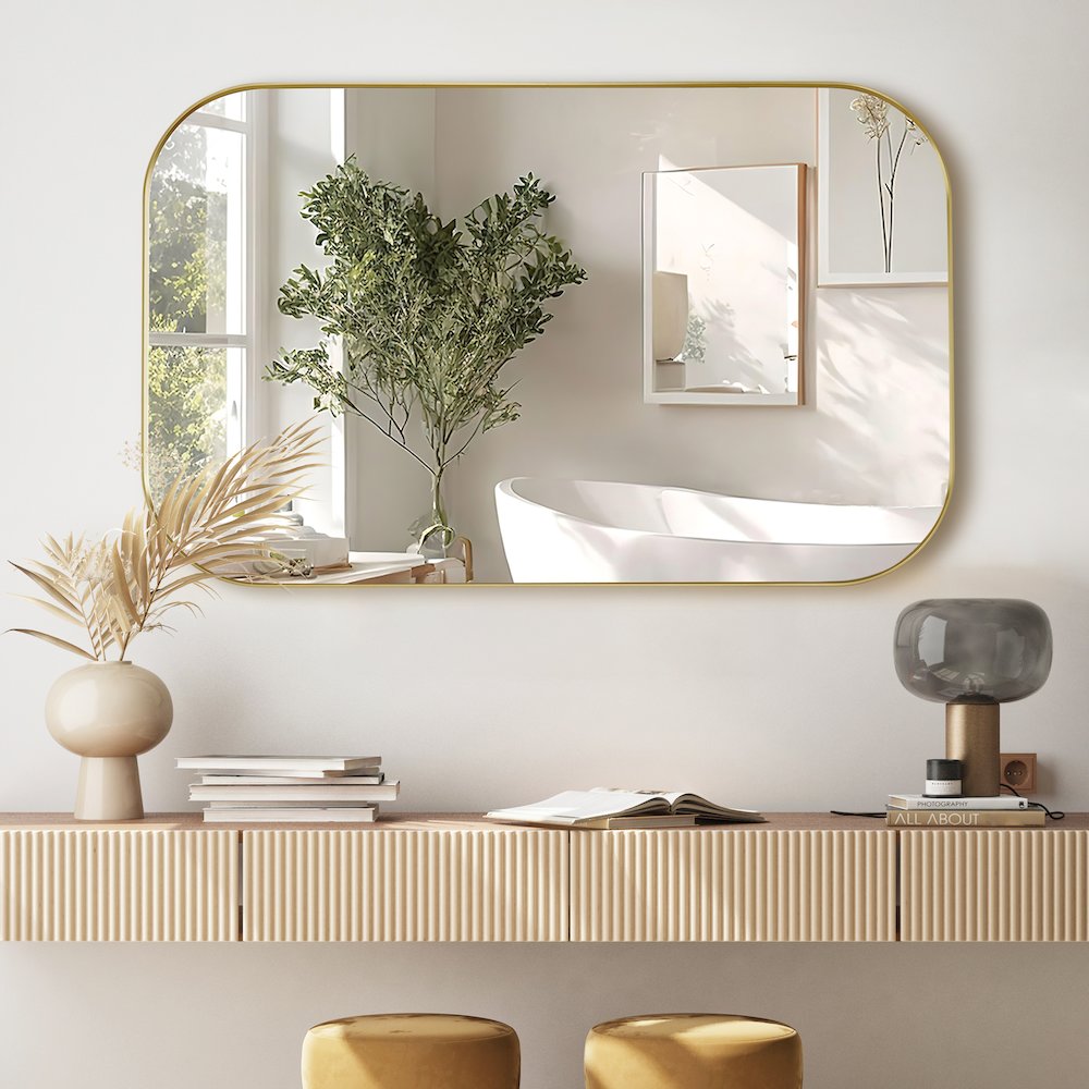 48x30" Rectangular Aluminum Framed in Brushed Gold Modern Bathroom Wall Mirror