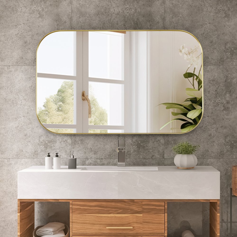48x30" Rectangular Aluminum Framed in Brushed Gold Modern Bathroom Wall Mirror