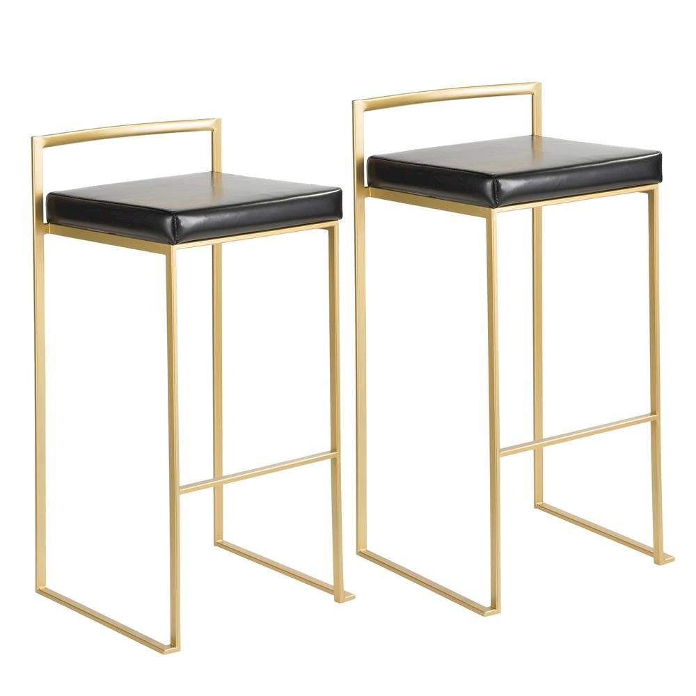 Contemporary-Glam Gold Barstools with Faux Leather Seats, Metal Frame, Set of 2