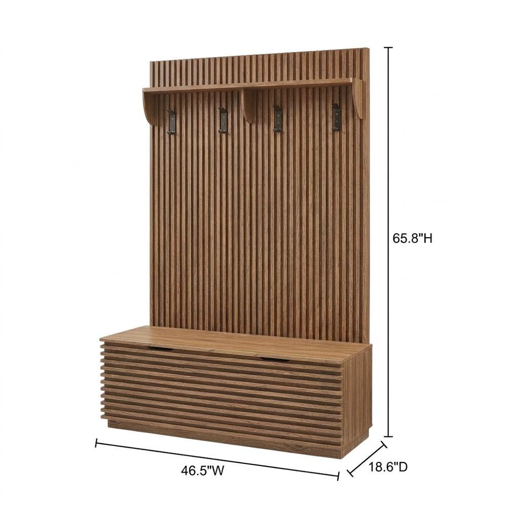 Fluted Hall Tree with Storage Bench, Coat Rack & Shoe Storage, Entryway, Walnut