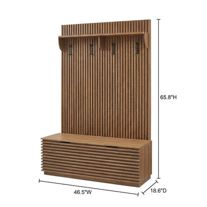 Fluted Hall Tree with Storage Bench, Coat Rack & Shoe Storage, Entryway, Walnut